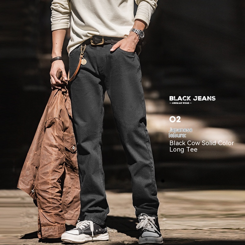 Maden American retro black mid rise jeans, washed tough guy straight leg denim pants