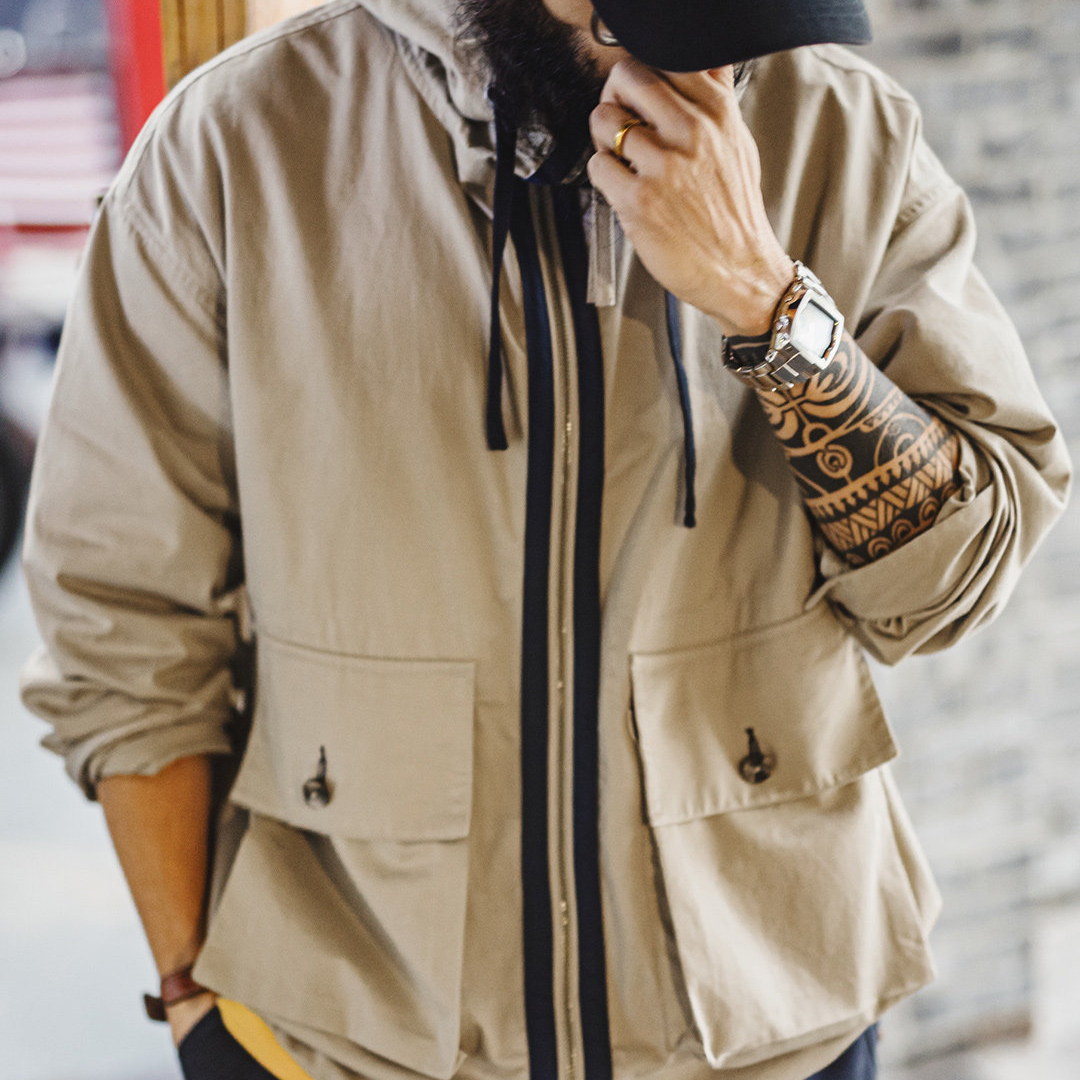 American Retro Multi Pocket Pure Cotton Canvas Khaki Standing Collar Hooded Jacket