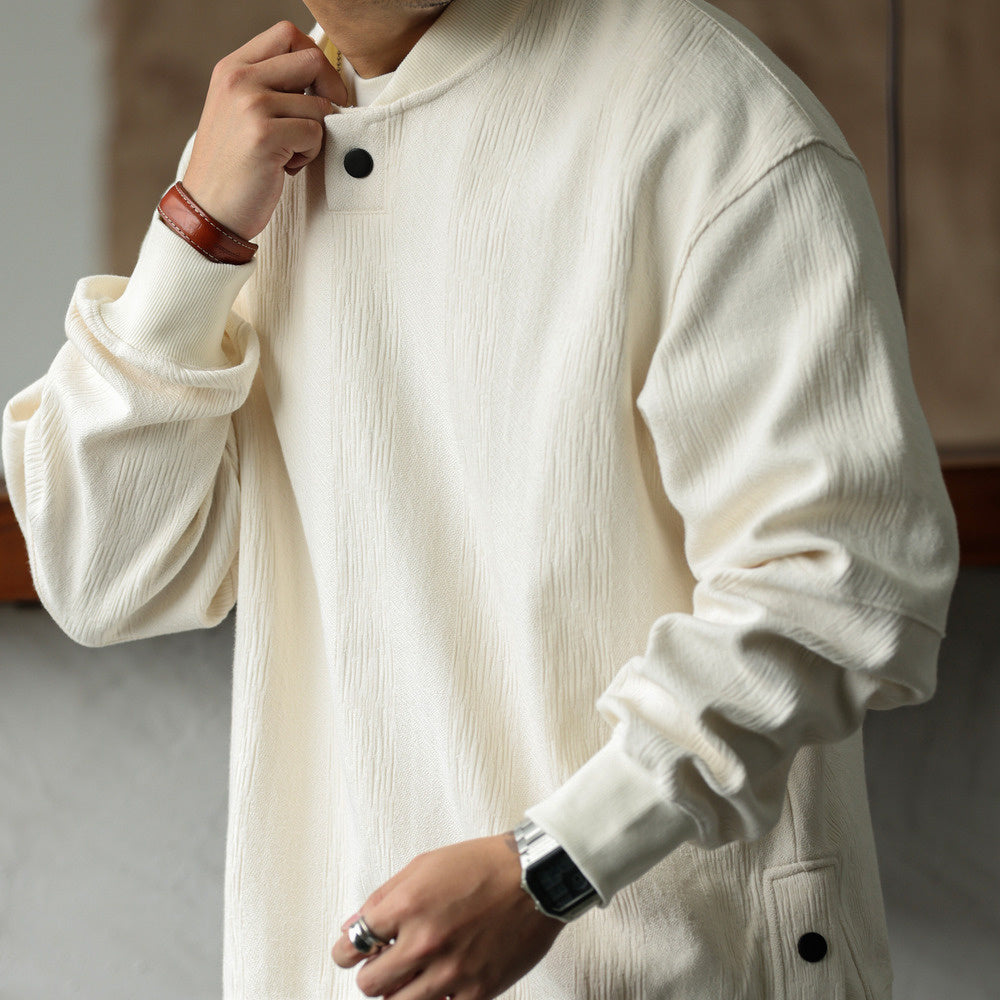 Casual Heavyweight Jacquard Textured Sweatshirt Loose Design Loose Baseball Neck Pullover Sweatshirt