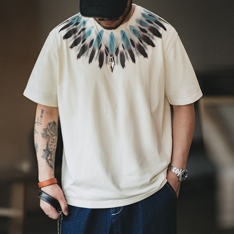 Maden Retro Indian feather print short sleeved distressed loose ethnic style T-shirt