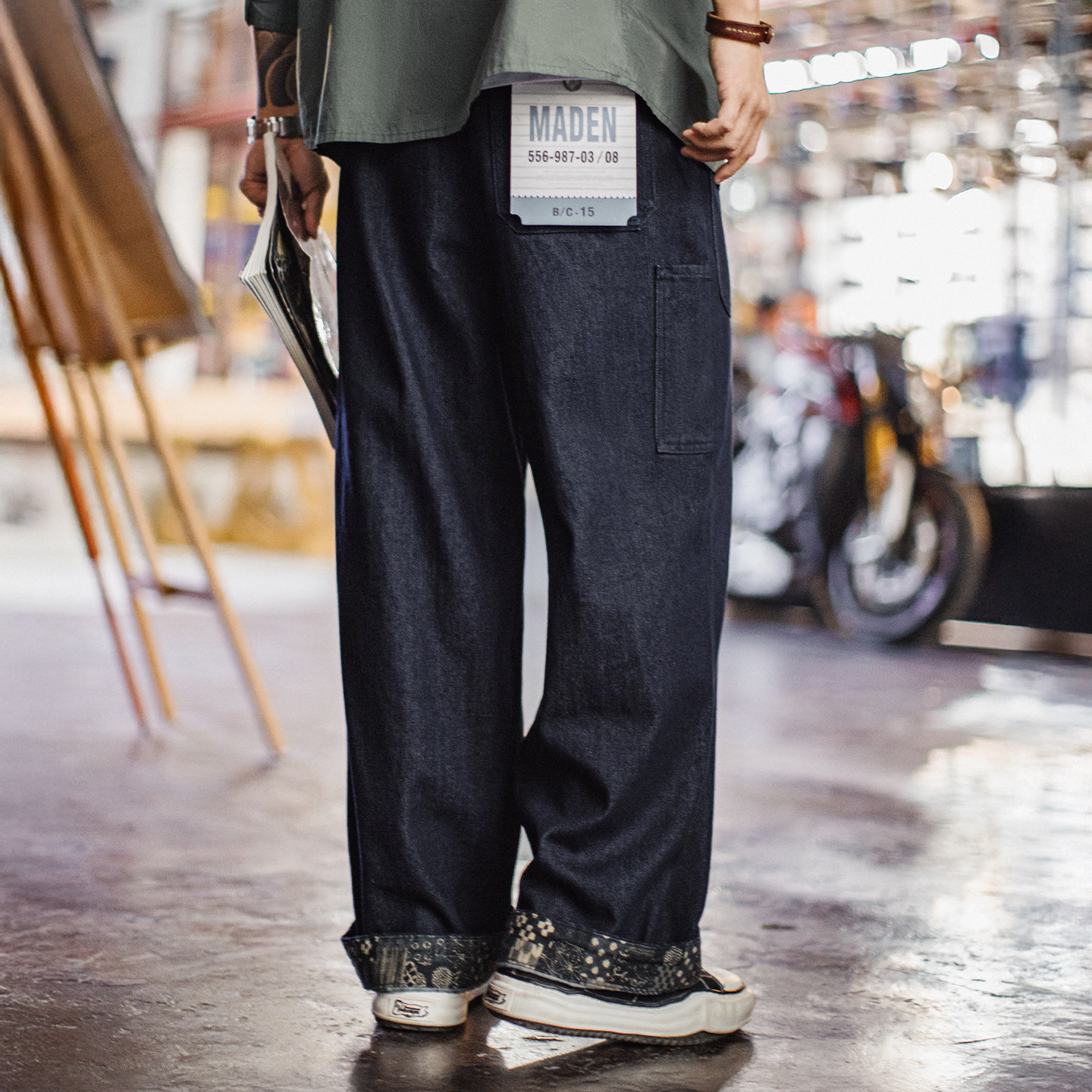 American Style Washed Denim Jeans Straight Tube BORO Wide Leg Deep Blue Loose Casual Pants