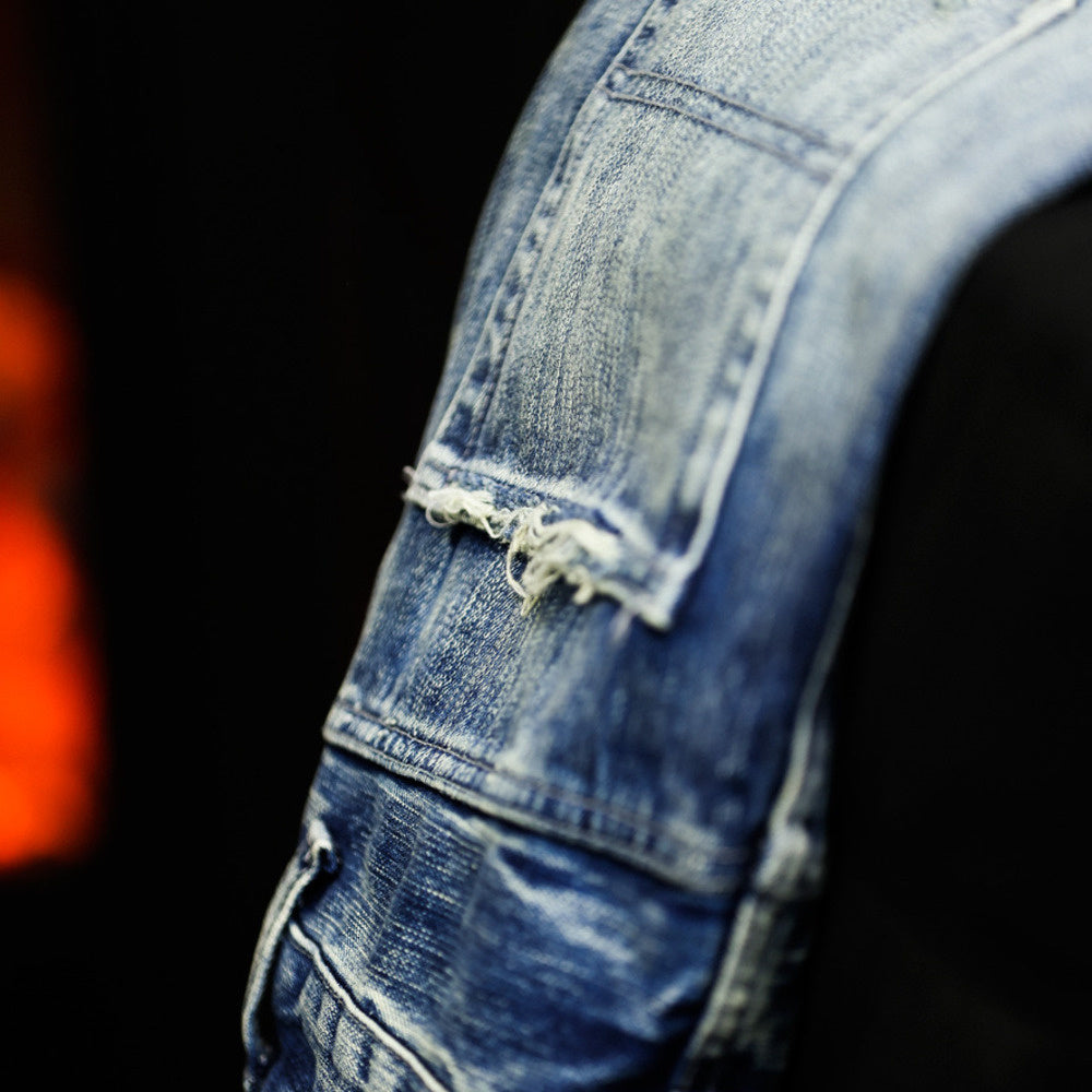 Damaged washed blue jeans men's loose slightly tapered casual drop pants