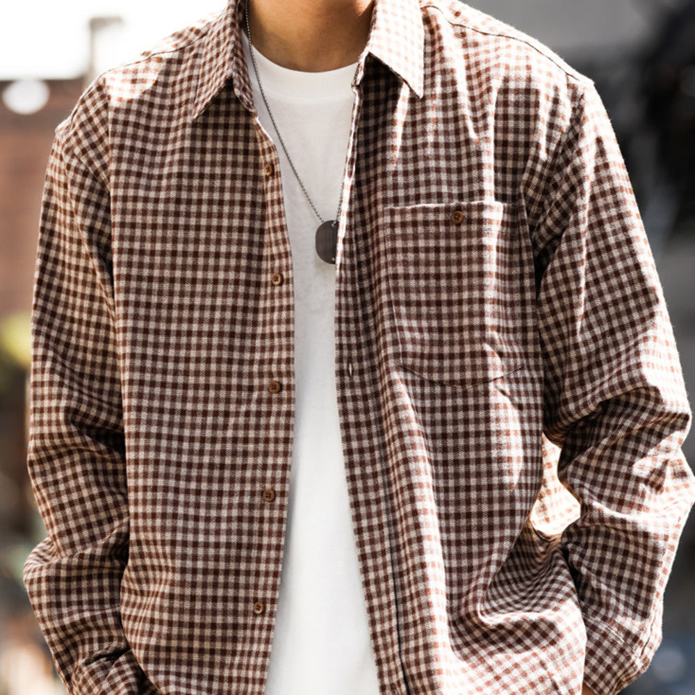 French brushed small checkered long sleeved shirt with loose casual pockets, high-end shirt jacket