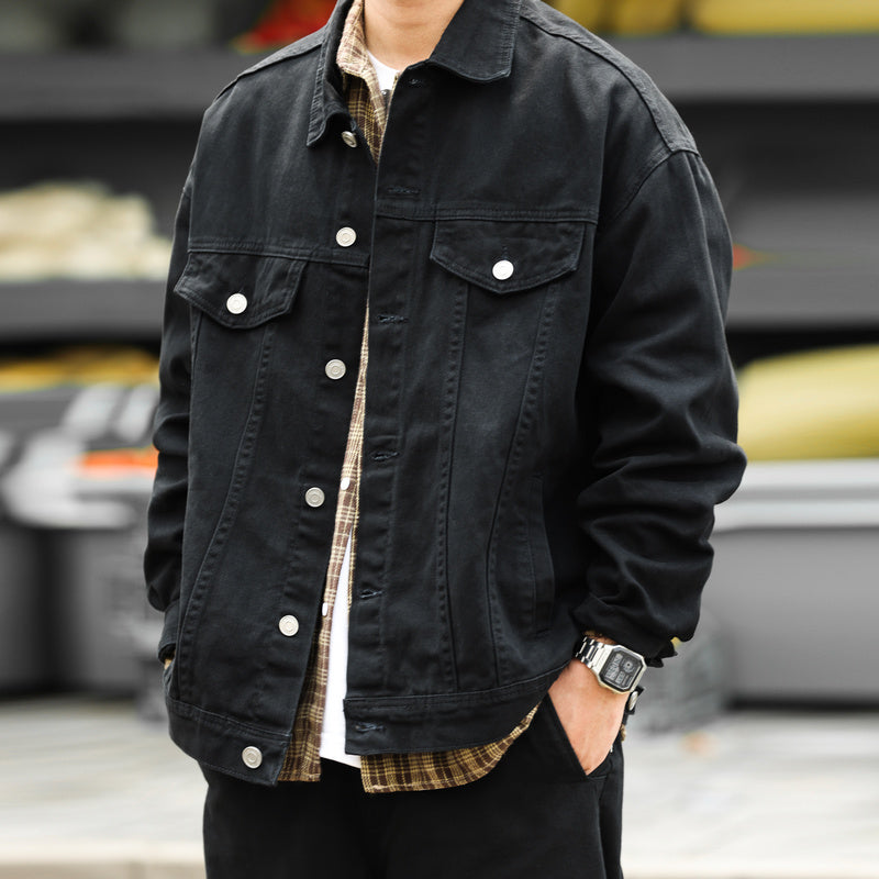 Japanese Heavyweight Denim Jacket Atsu Washed Casual Vintage Black Outer Cardigan Jacket