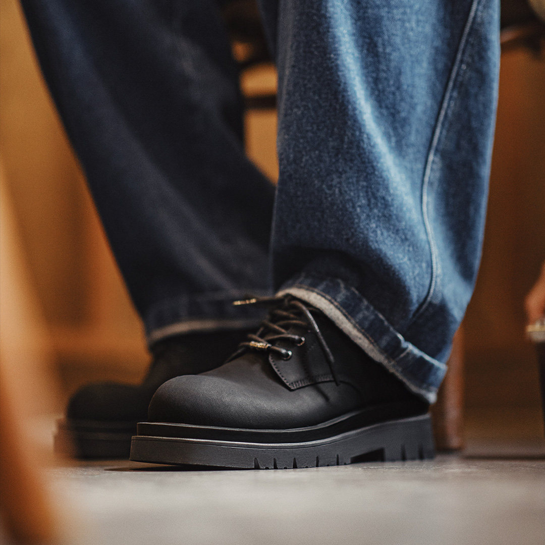 Derby Shoes Men'S Thick Soled Raised Round Toe Black Commuting Casual Leather Shoes