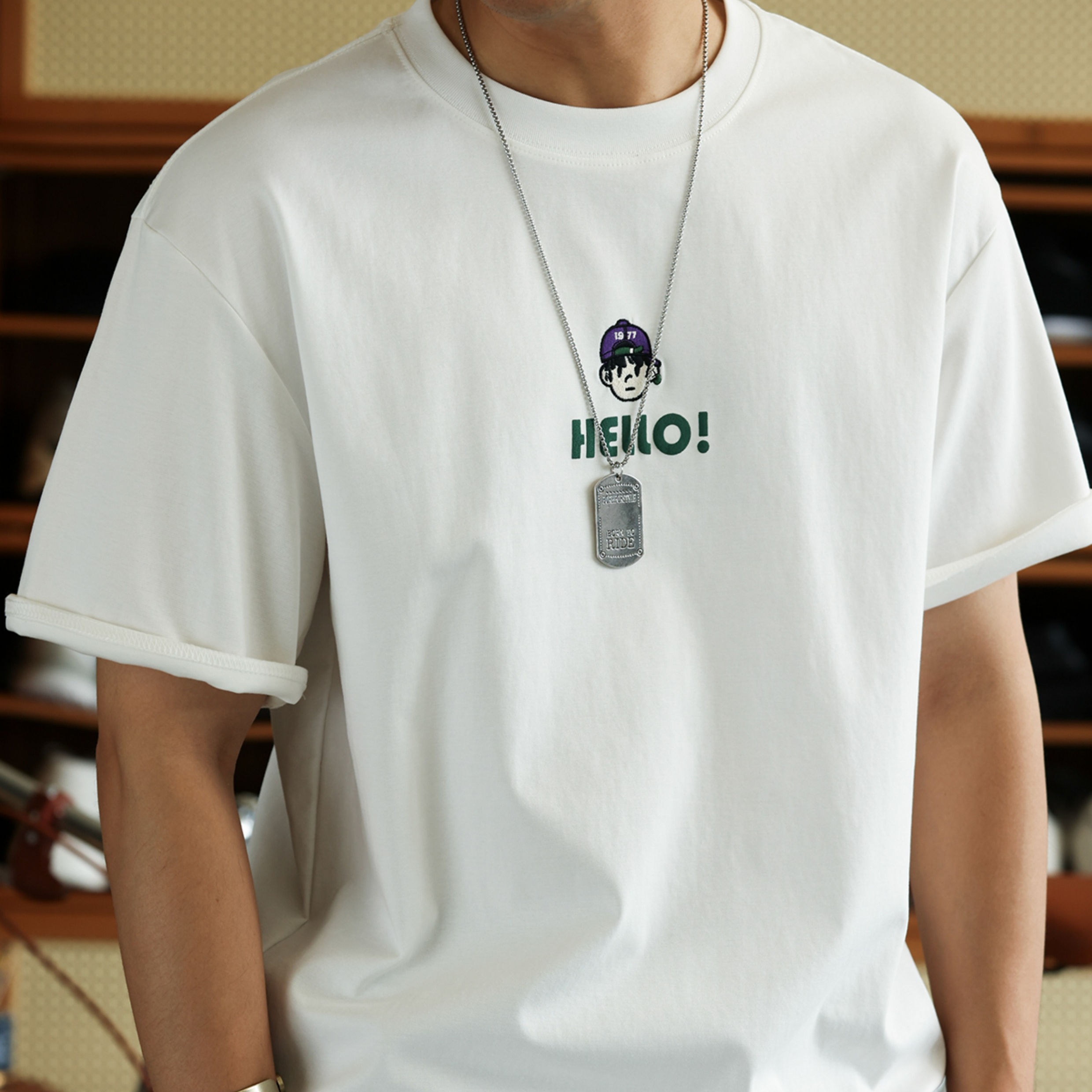American casual embroidery men's summer artistic youth patch printed T-shirt