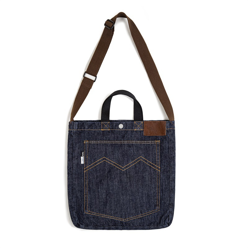 Maden Vintage Denim One Shoulder Crossbody Bag Denim Embroidery Large Capacity Handheld Flat Tote Bag