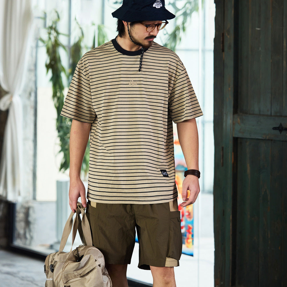 American classic retro striped embroidered men's loose T-shirt