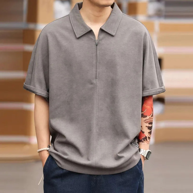 American retro half zip men's casual polo shirt