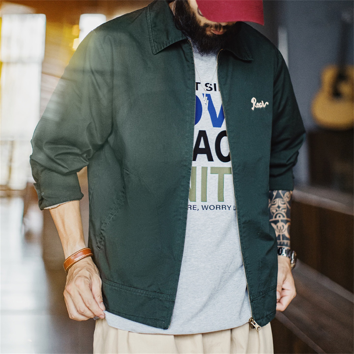 American retro embroidery lapel, dark green pure cotton long sleeved shirt