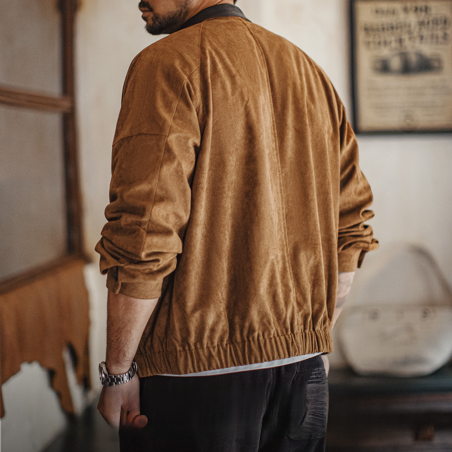 American Retro Suede Stand Up Collar Short Maillard Suede Jacket