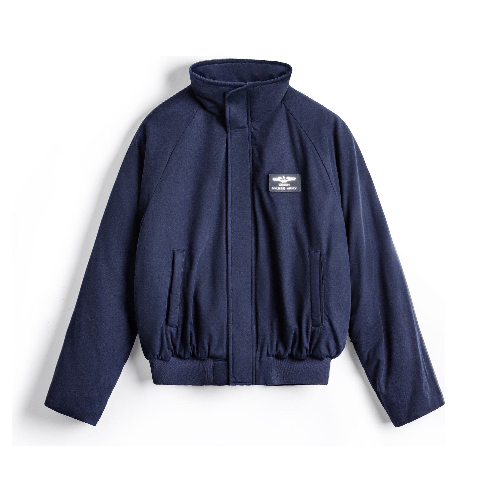 American Navy Blue Stand up Collar Warm Short Sleeve Cotton Jacket with Insert Shoulders