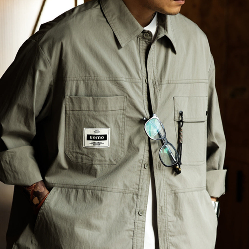 Outdoor workwear, long sleeved shirt, men's loose fit, casual and handsome, plus size shirt jacket