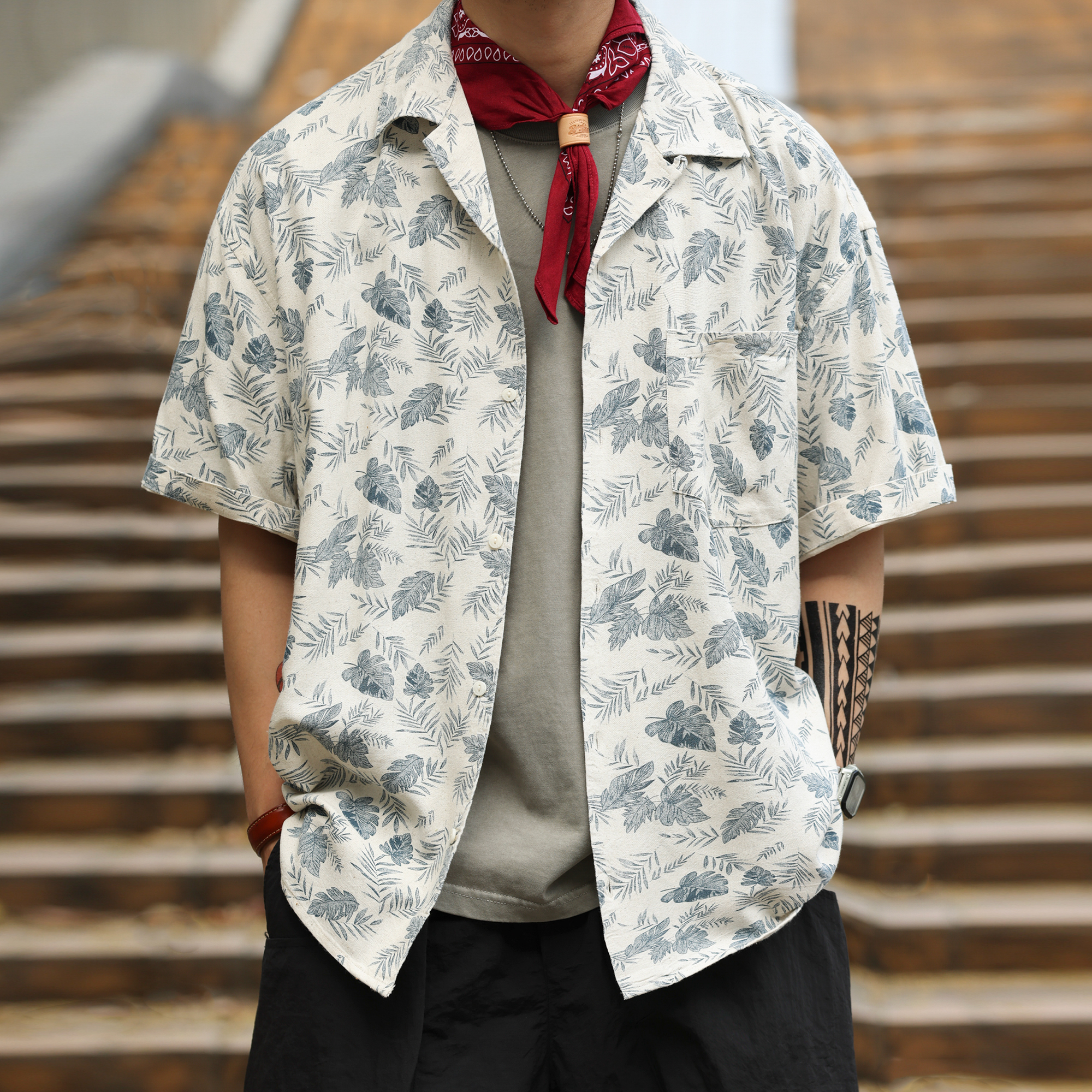 American casual Cuban collar linen summer retro vacation style T-shirt