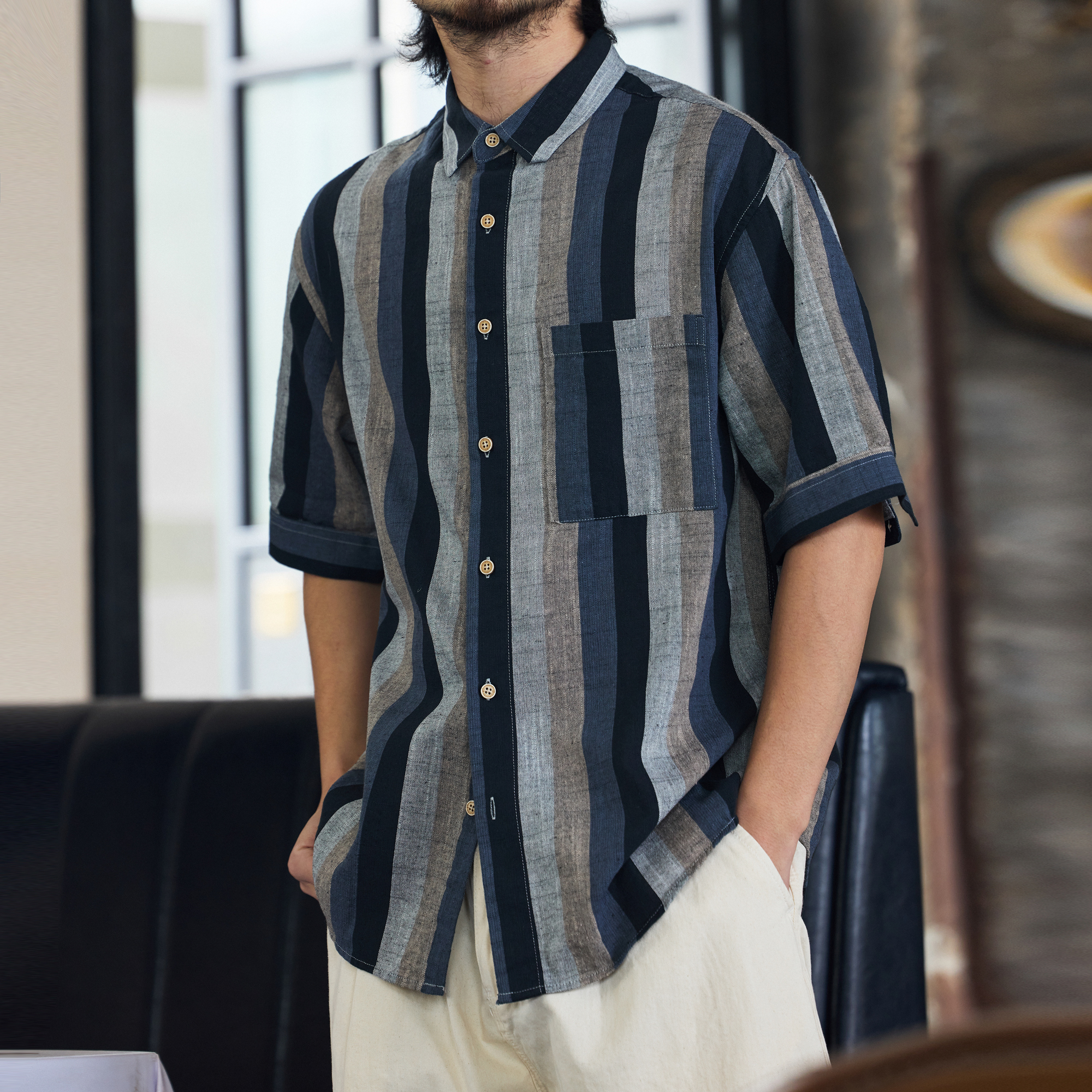 Japanese retro 150g men's contrasting striped short sleeved T-shirt