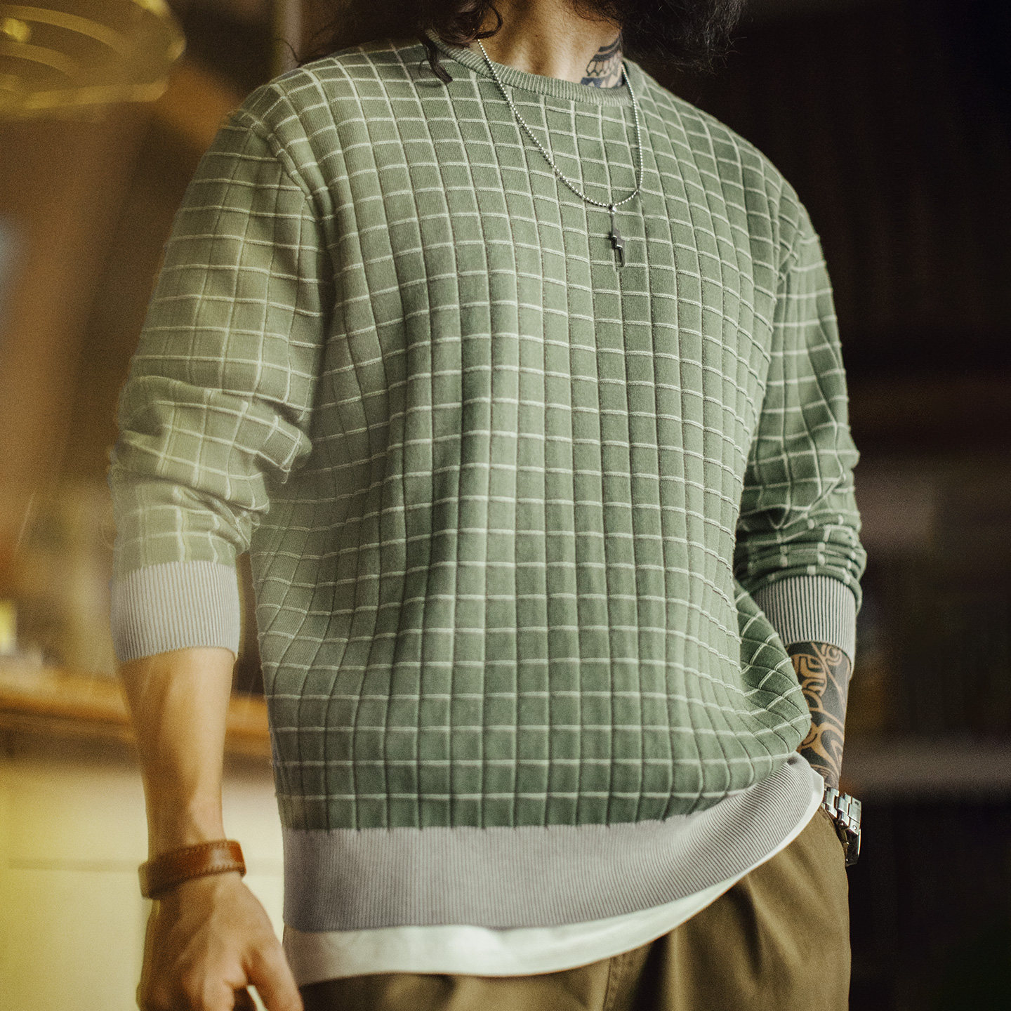 American Retro Plaid Round Neck Sweatshirt With Plaid Green Long Sleeved T-Shirt