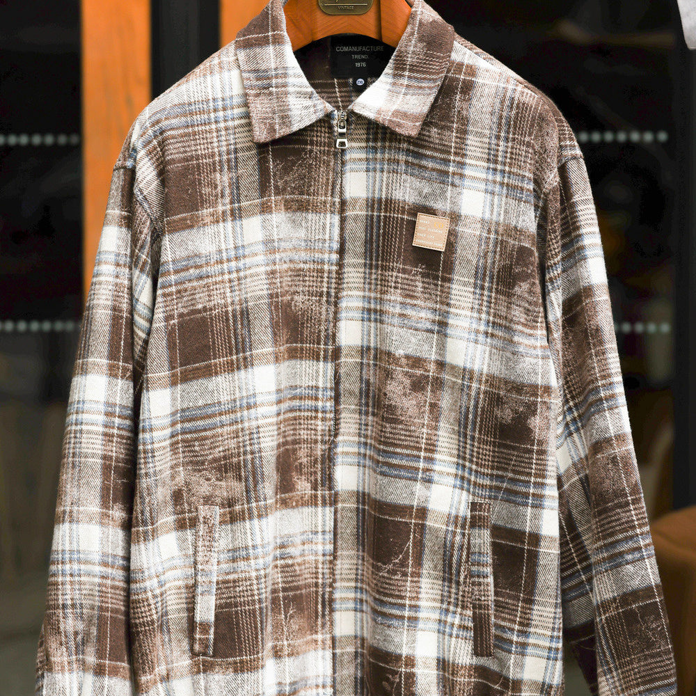 Ink wash blended plaid double-sided zipper loose brushed cardigan with a collar jacket