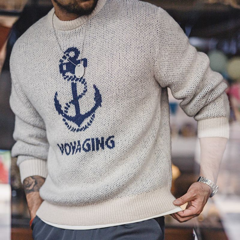 Maden Vintage Knit Anchor Jacquard Sweater Vintage Pullover Crew Neck Bottom Sweater