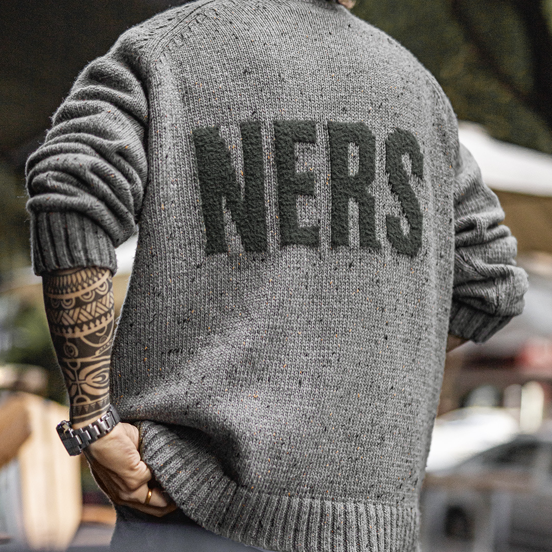 American Retro Gray Jacquard Stand Up Collar Hanging Knitted Warm Sweater