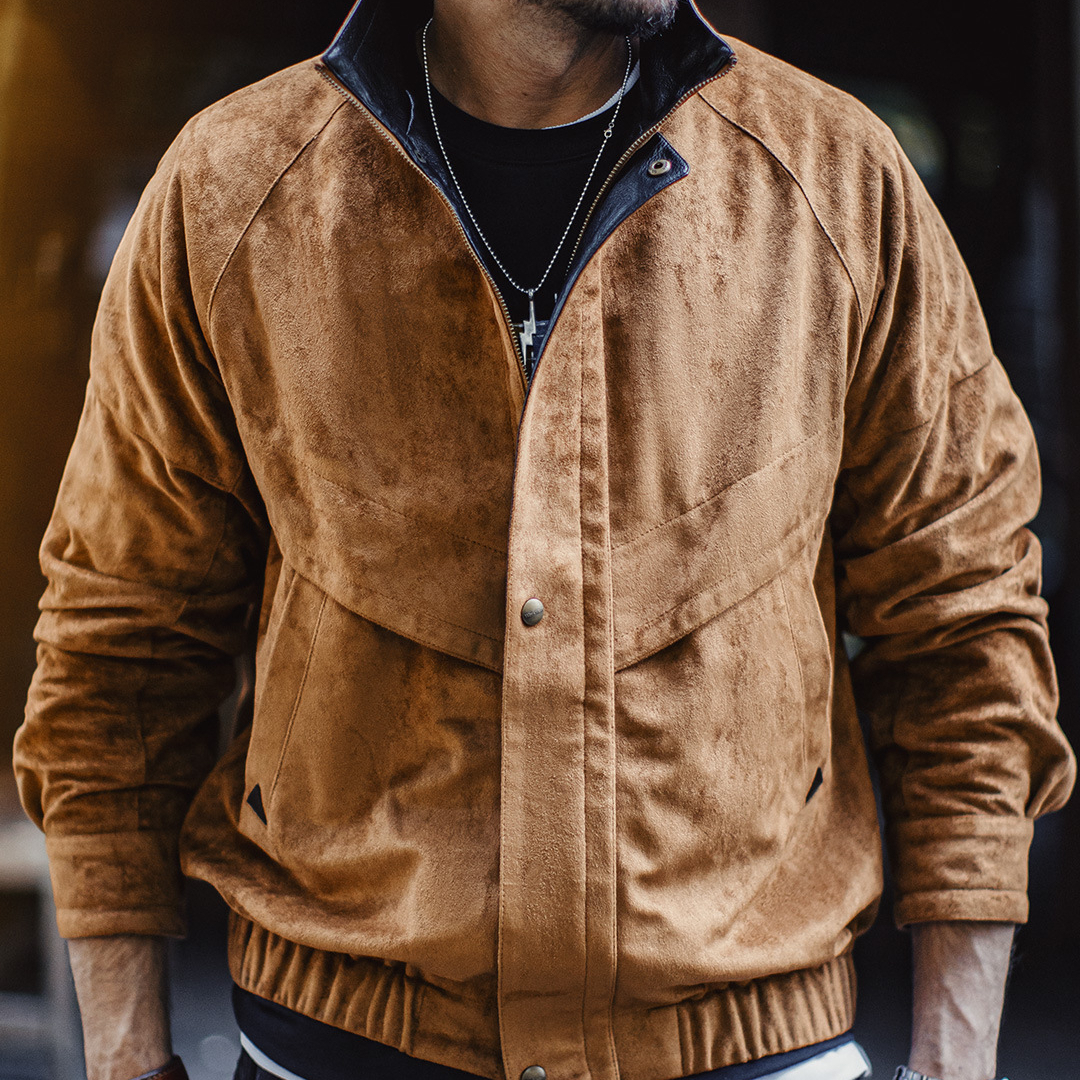 American Retro Suede Stand Up Collar Short Maillard Suede Jacket