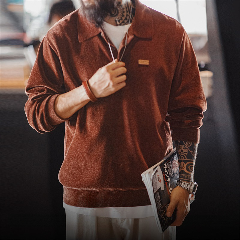 Maden Retro Chenille Half Open Polo Shirt Loose Collar Pullover Long Sleeve T-Shirt