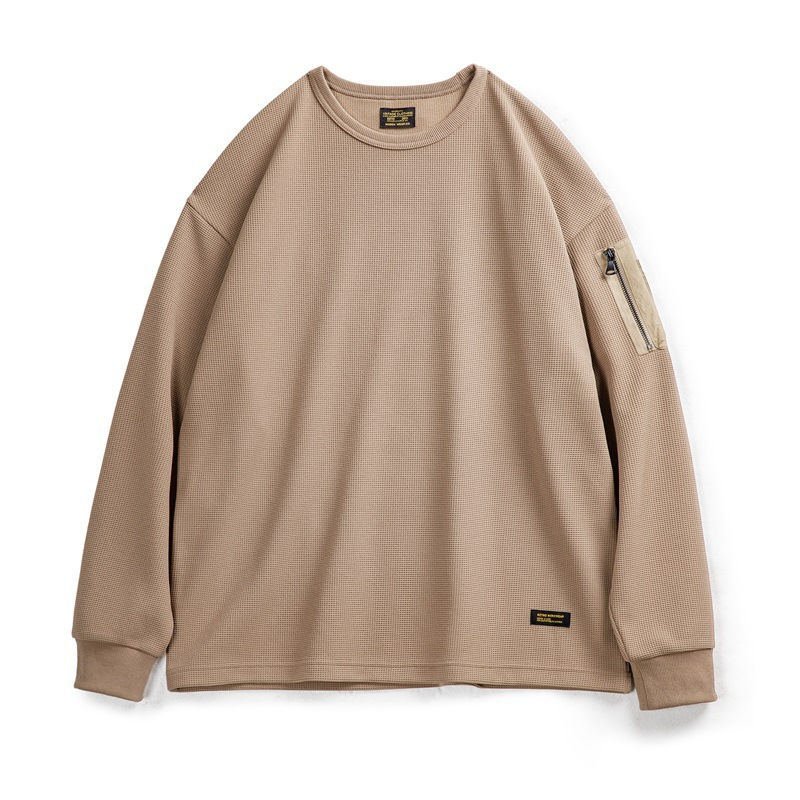 Maden Mountain outdoor waffle hoodie with functional drape and versatile round neck long sleeved T-shirt