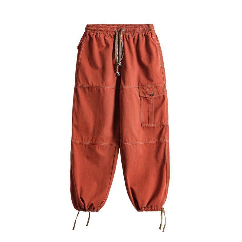 American Retro Multi Pocket Brick Red Straight Leg Wide Leg Ankle Binding Work Pants