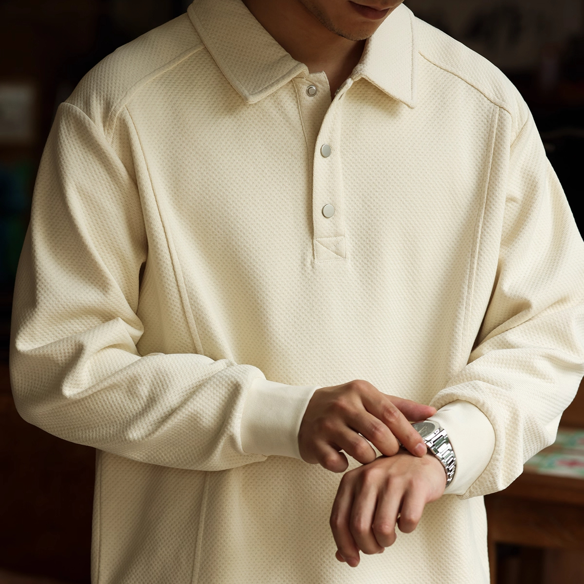 American Style Minimalist Patchwork Men's 380g Long Sleeved Polo Shirt