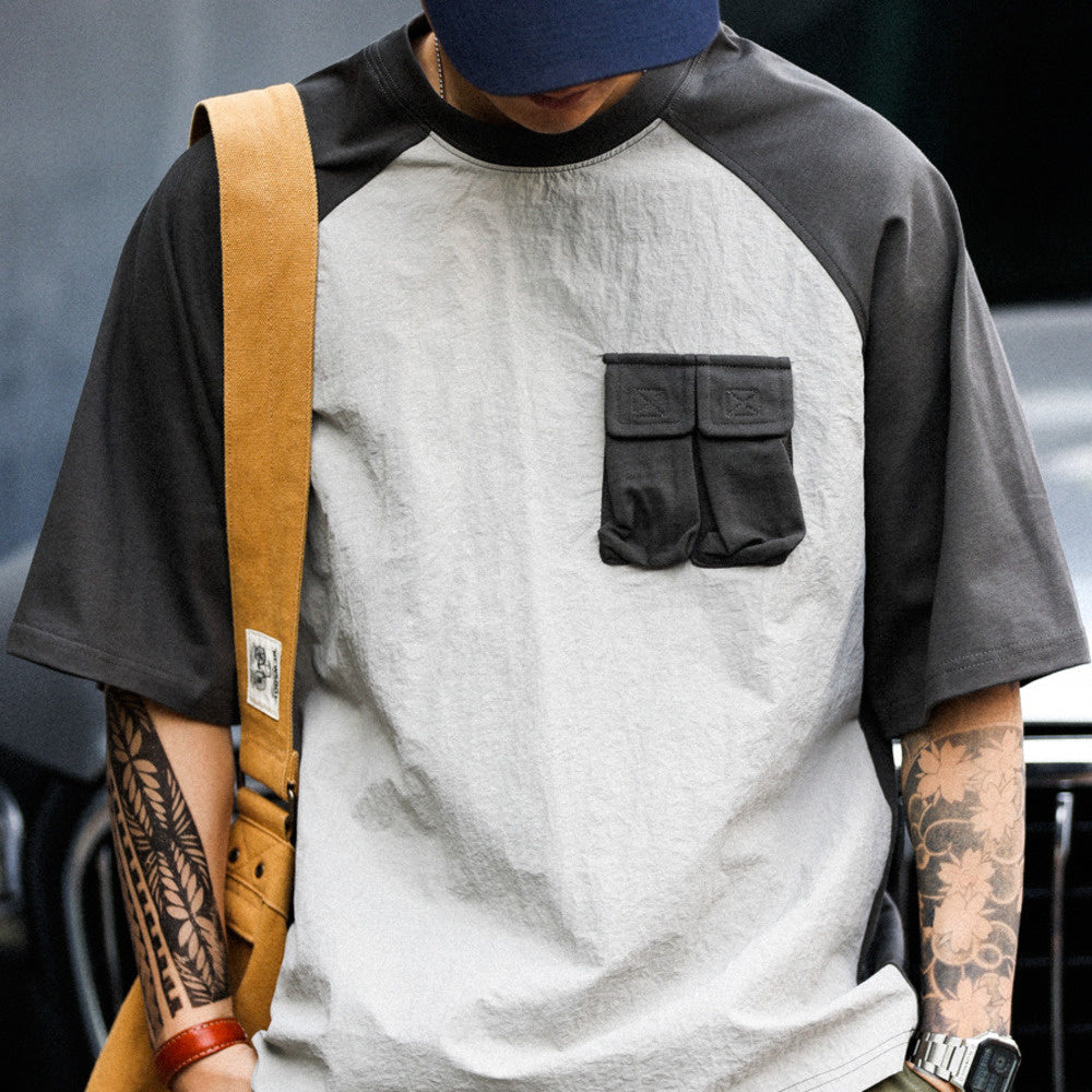 American retro sports men's loose outdoor casual patchwork pocket short sleeved T-shirt