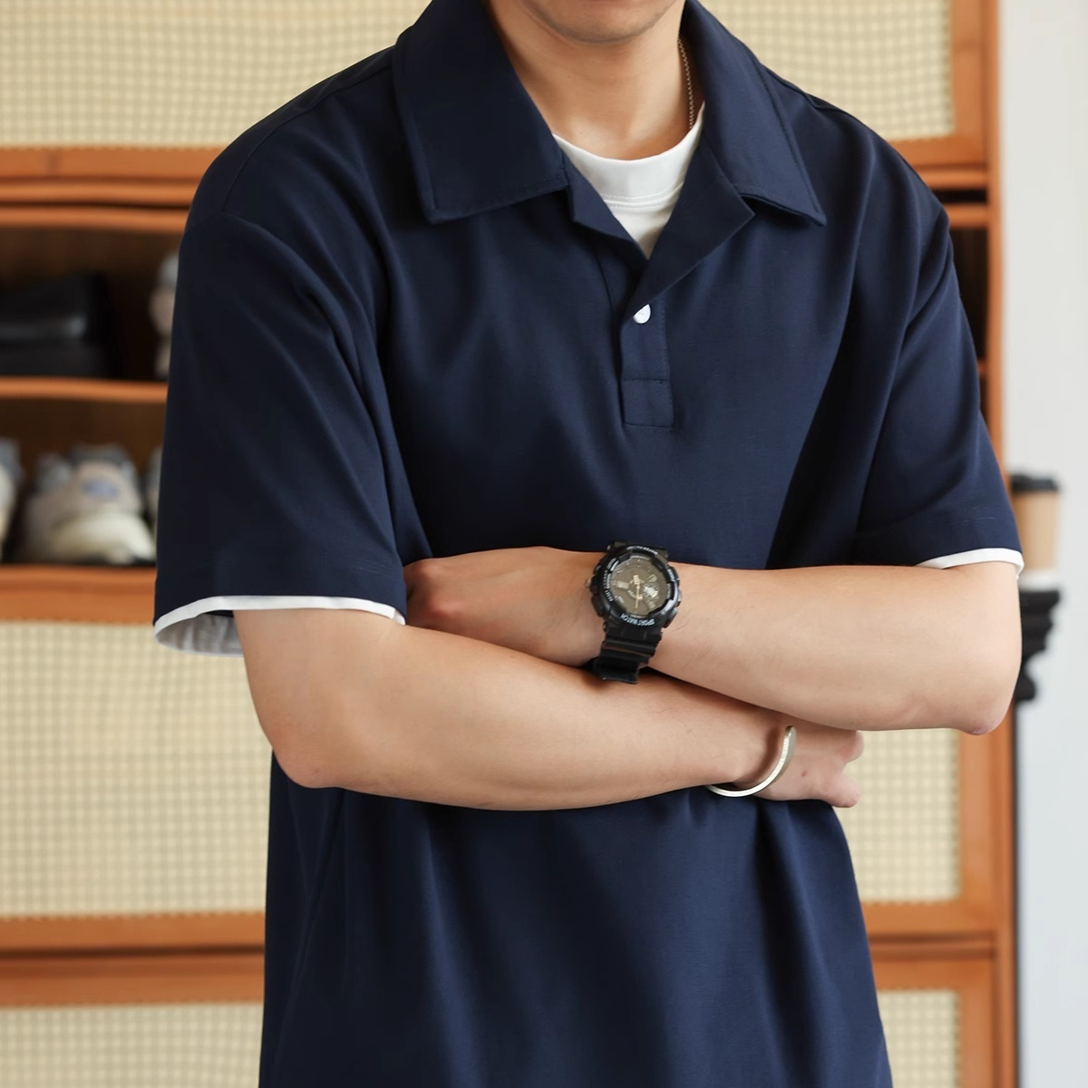 American style fake two Cuban collar men's casual thin polo shirts