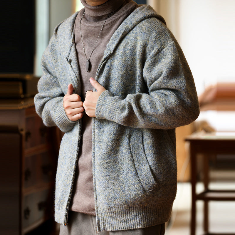 Vintage 780g Heavyweight Loose Cardigan Chunky Needle Hooded Sweater Jacket Zipper Sport Knit