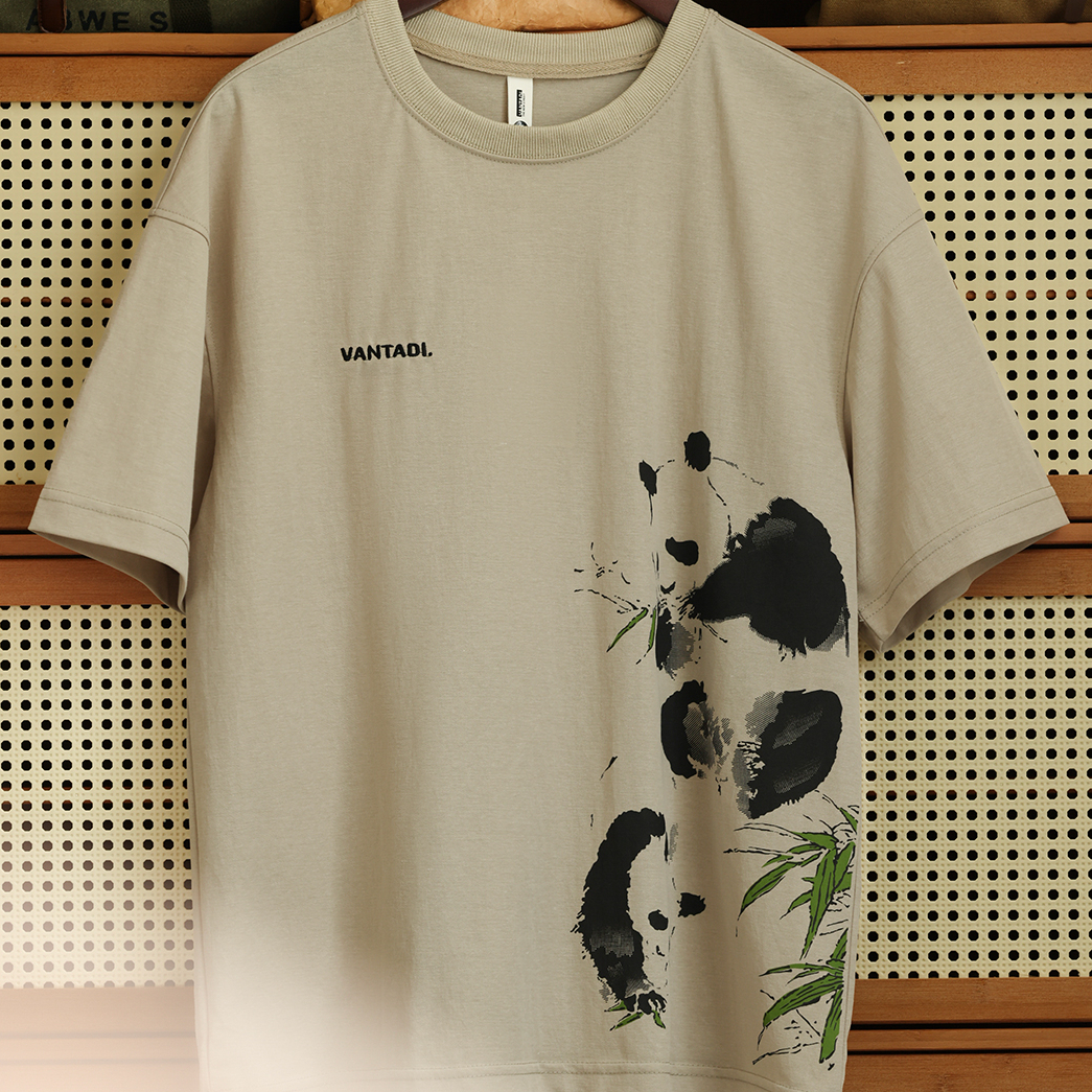 American casual 160g breathable linen men's panda printed T-shirt