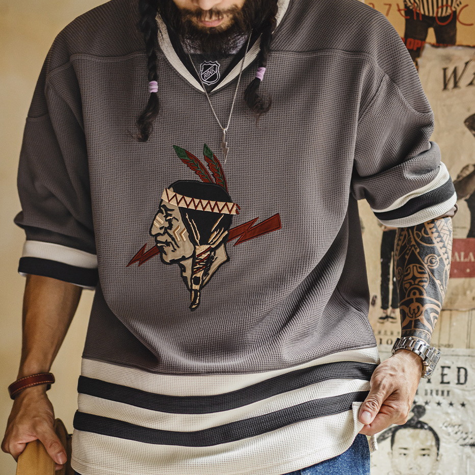 American Retro Indian V-neck Waffle Embroidered Knitted Long Sleeve T-shirt