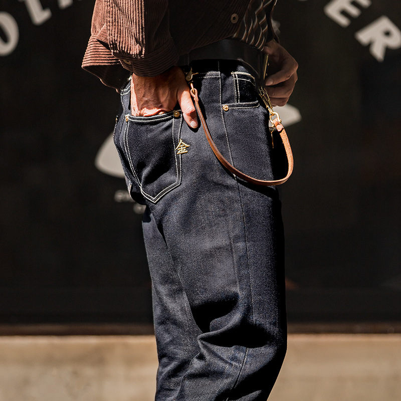 Maden Vintage Denim Red Ear Original Cow Jeans with Gold Thread Embroidery High Waist Pants