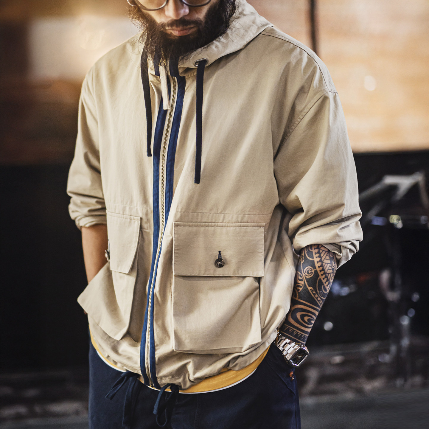 American Retro Multi Pocket Pure Cotton Canvas Khaki Standing Collar Hooded Jacket