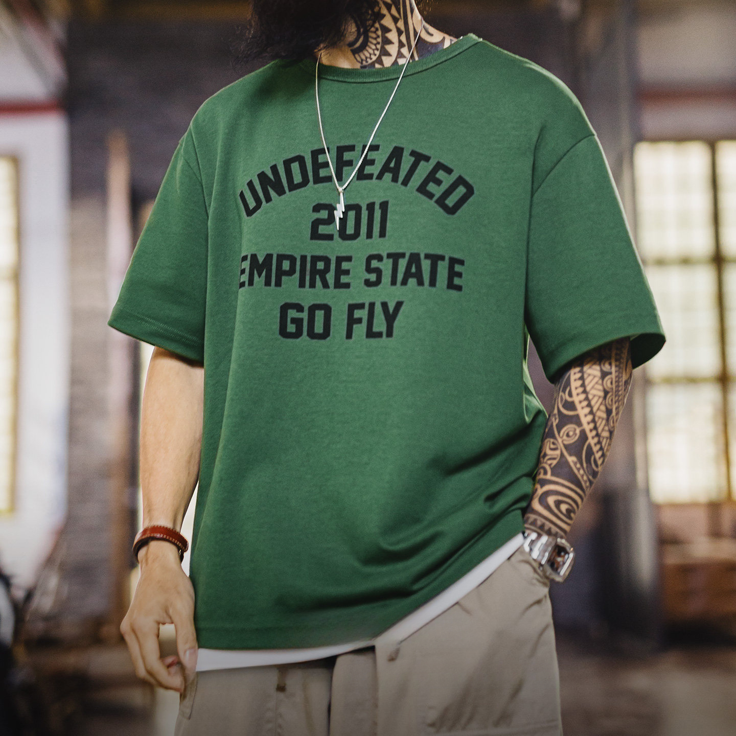 American Printed Green Round Neck Shoulder Design Short Sleeved T-Shirt