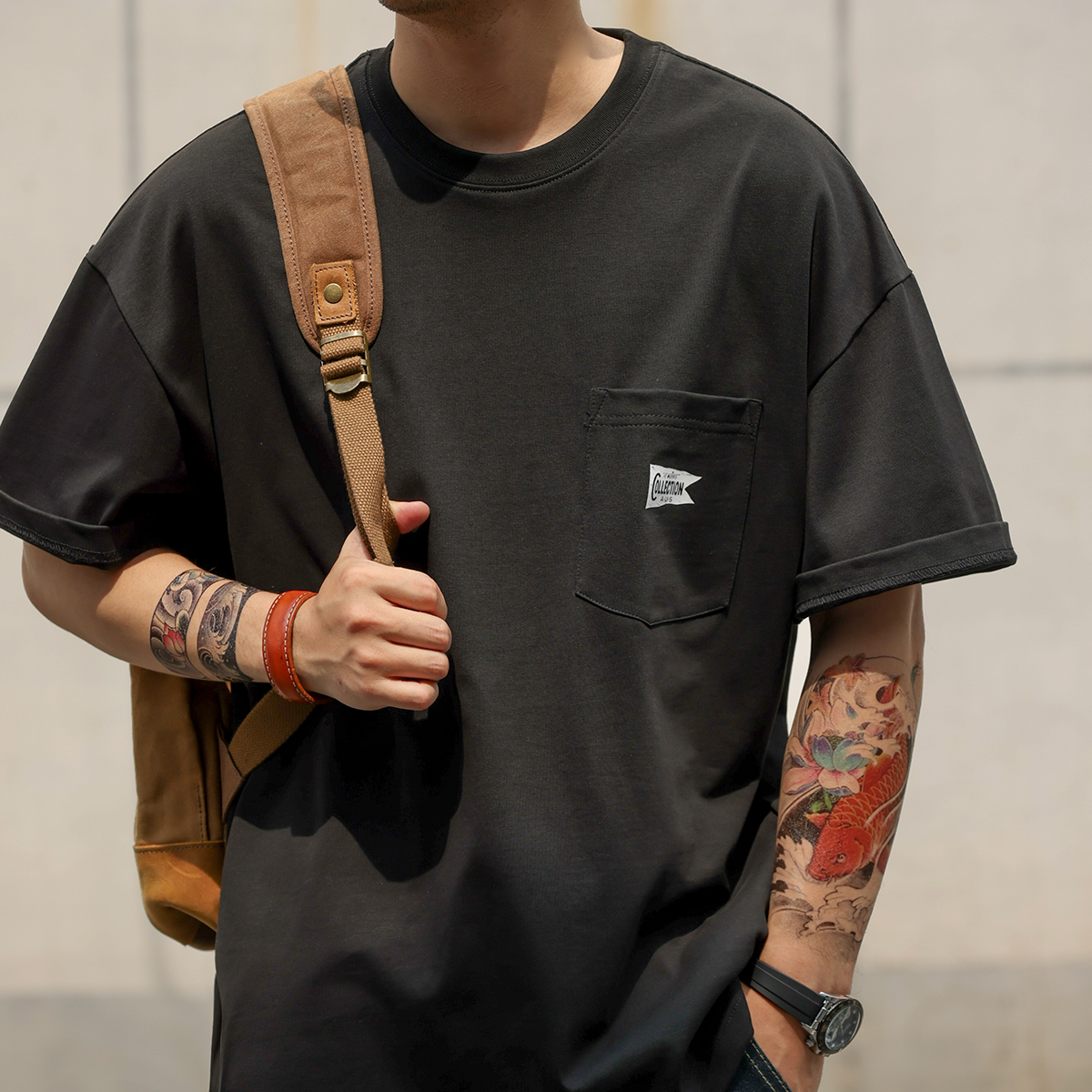 American retro 280g men's pocket design pure cotton casual T-shirt