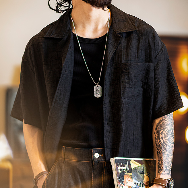 American retro Cuban collar jacquard men's summer short sleeved shirt