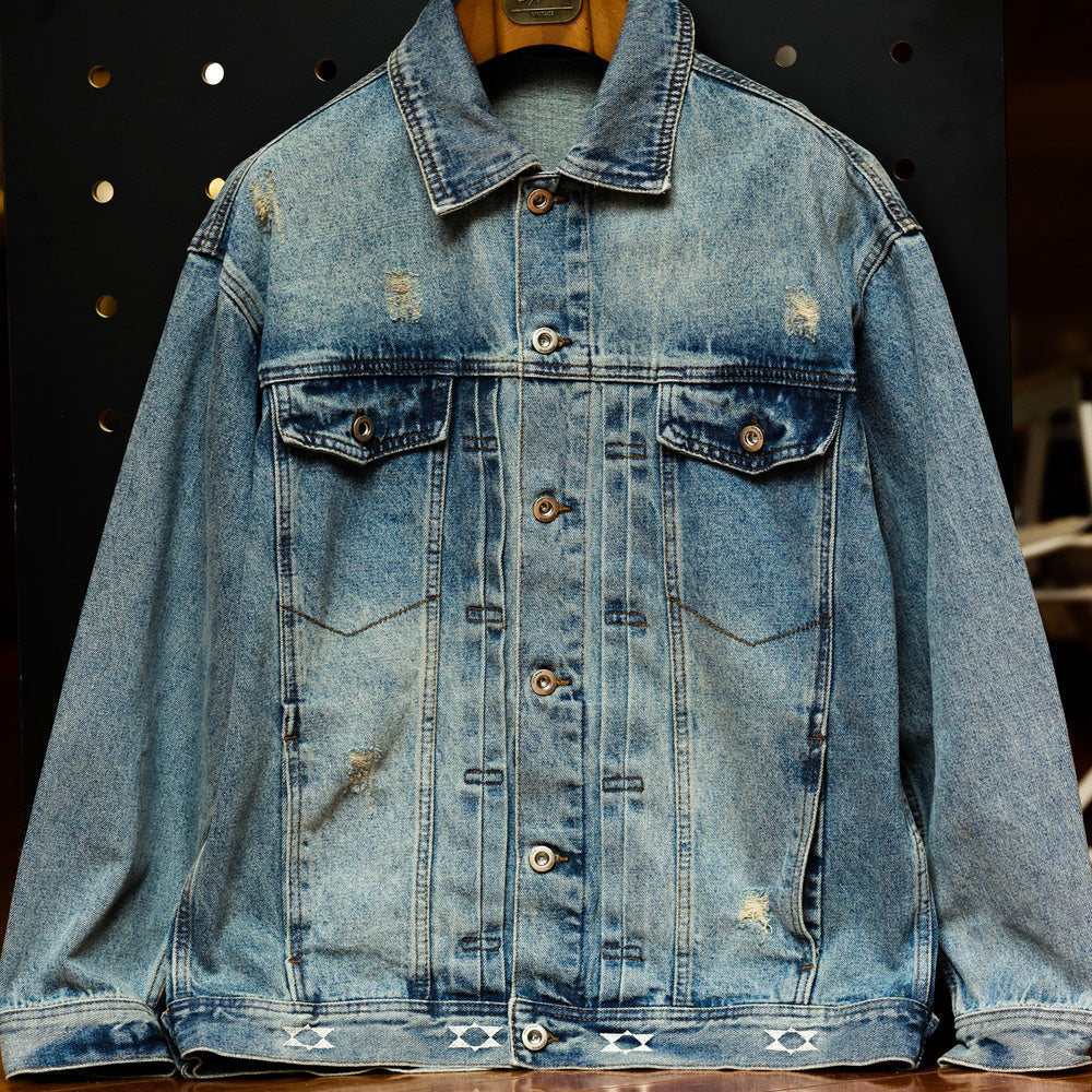 Heavy Industry Stone Grinding Water Washed Cowboy Jacket Men's Micro Wide Short Flip Collar Casual Jacket