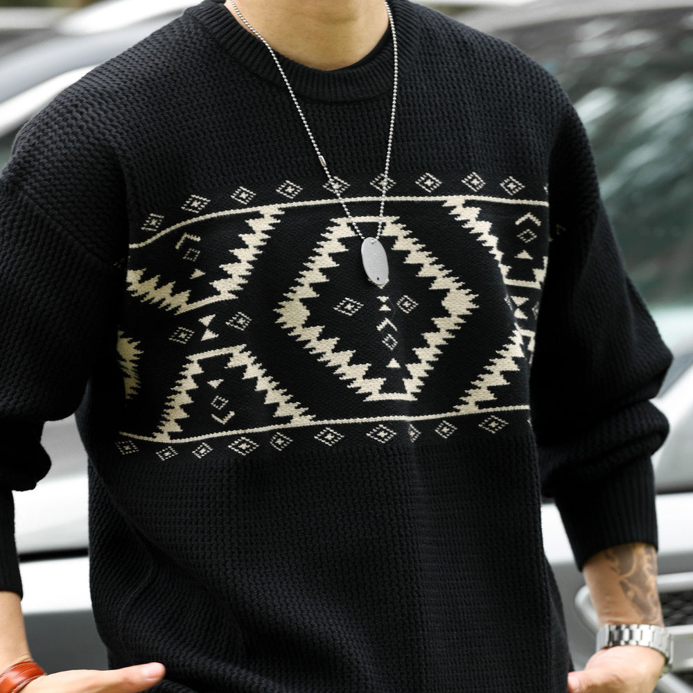 Vintage Navajo diamond jacquard sweater loose 800g heavyweight ethnic style knitted top