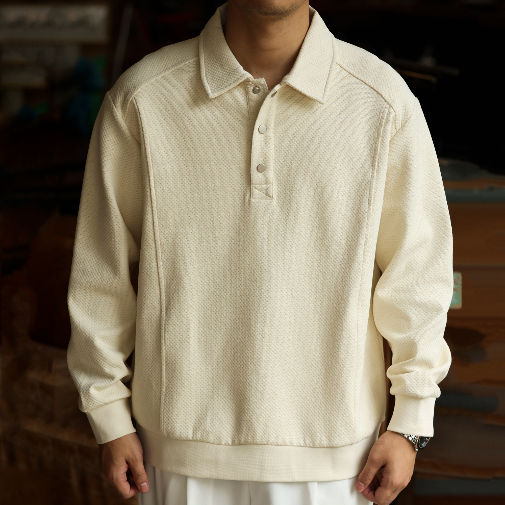 American Style Minimalist Patchwork Men's 380g Long Sleeved Polo Shirt