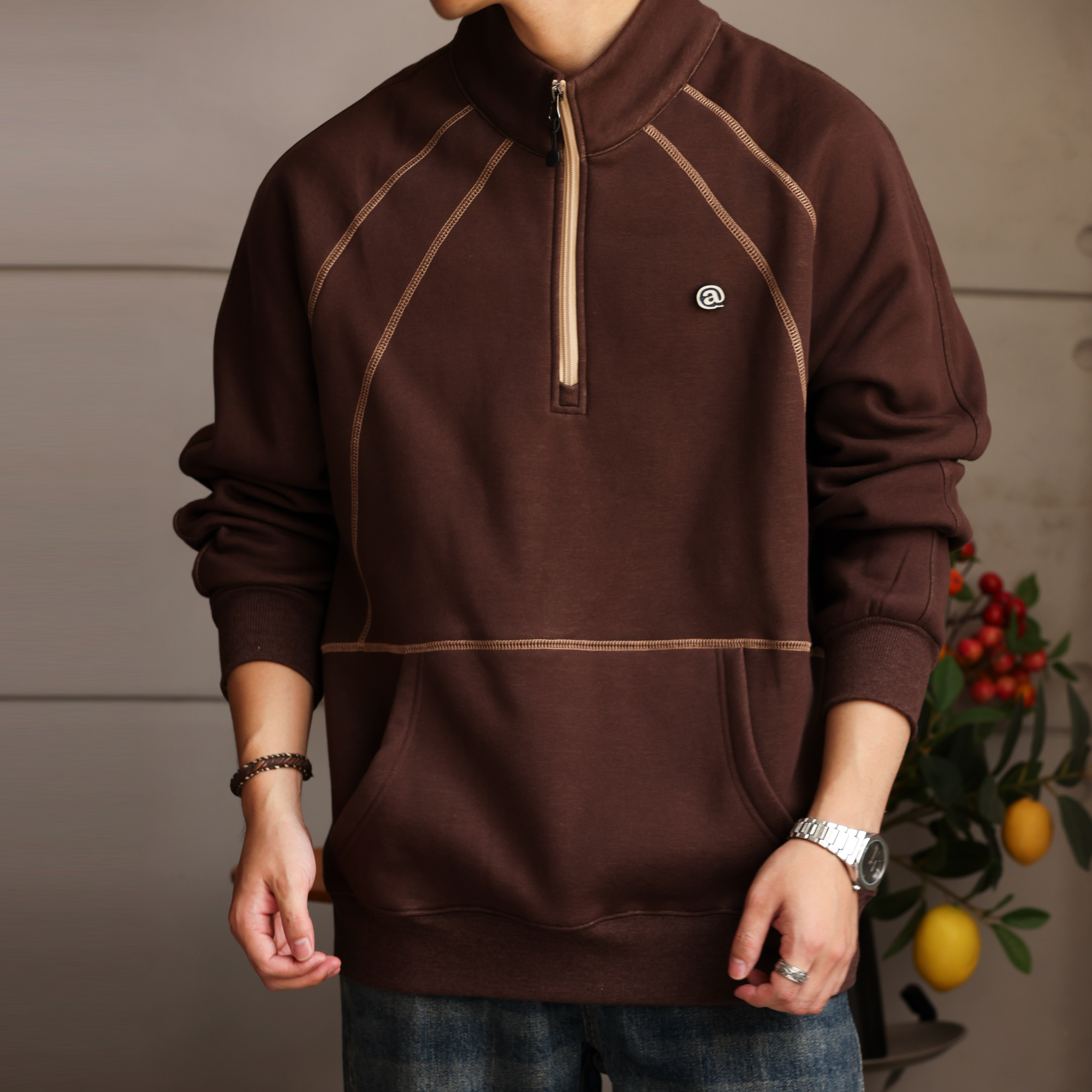 American Retro Design Style Stand Up Collar Men'S Contrasting Half Zip Top
