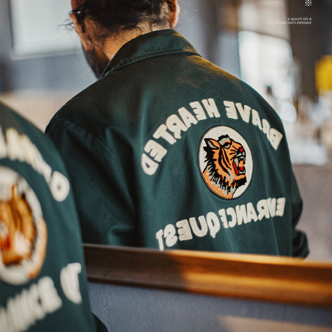 American retro embroidery lapel, dark green pure cotton long sleeved shirt