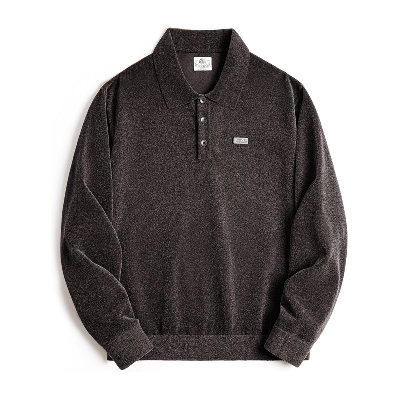 Maden Retro Chenille Half Open Polo Shirt Loose Collar Pullover Long Sleeve T-Shirt