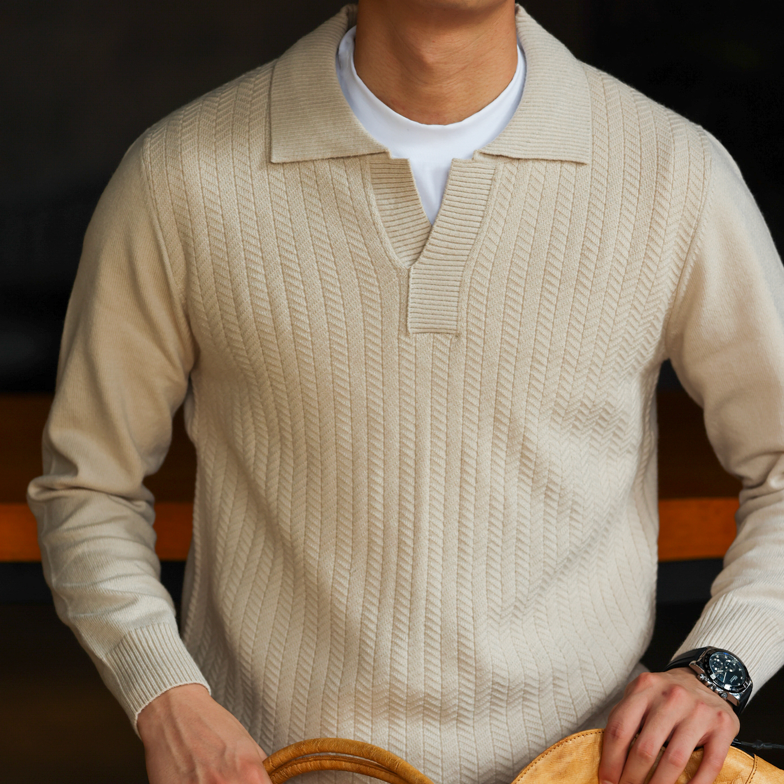 Scissor Neck Men'S Wrinkle Resistant Knitted Casual Polo Shirt