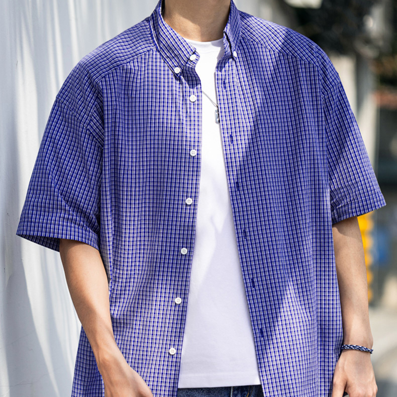 Summer men's plaid pure cotton casual loose short sleeved shirt