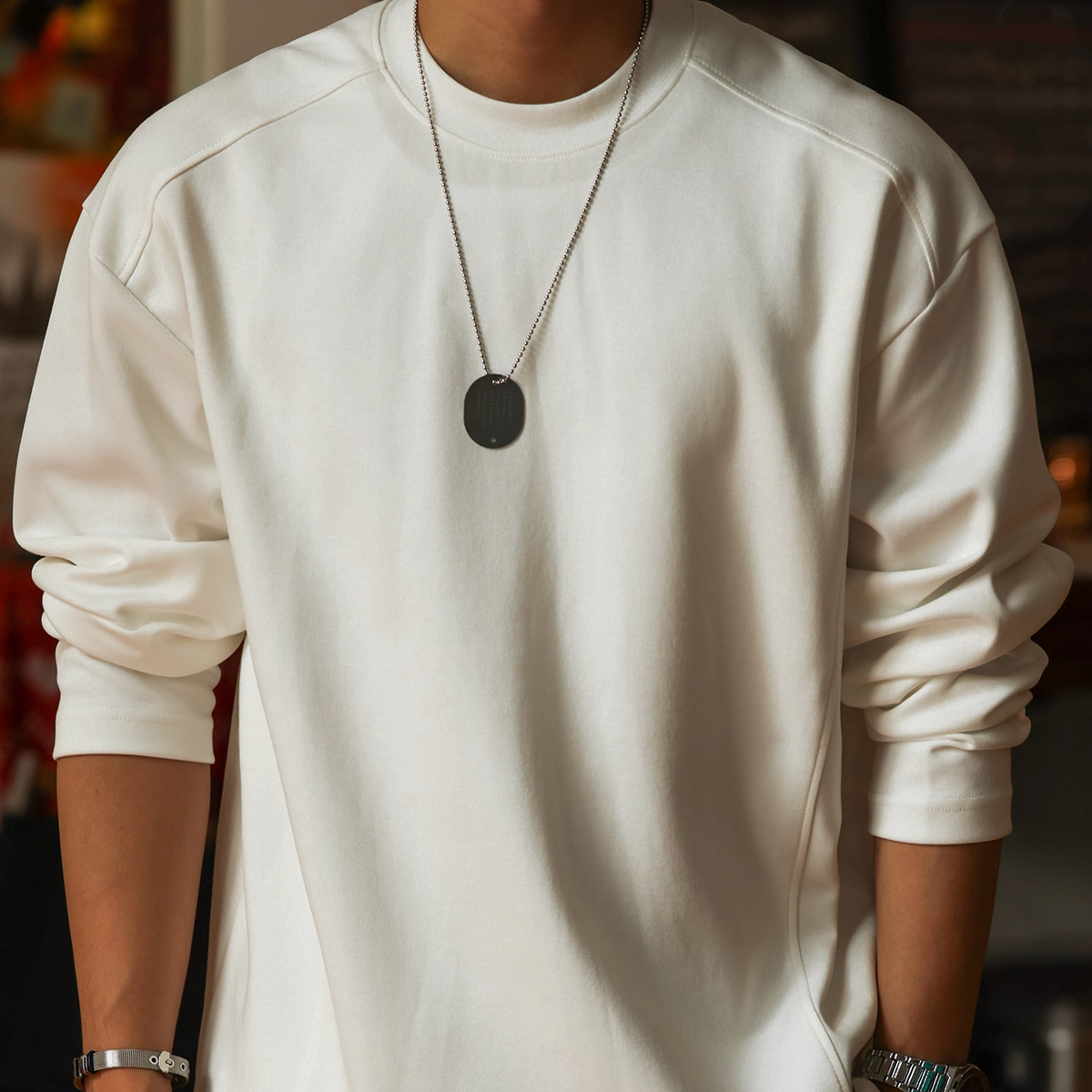 American Casual 280g Spliced Men'S Saddle Shoulder Cleanfit Long Sleeved T-Shirt