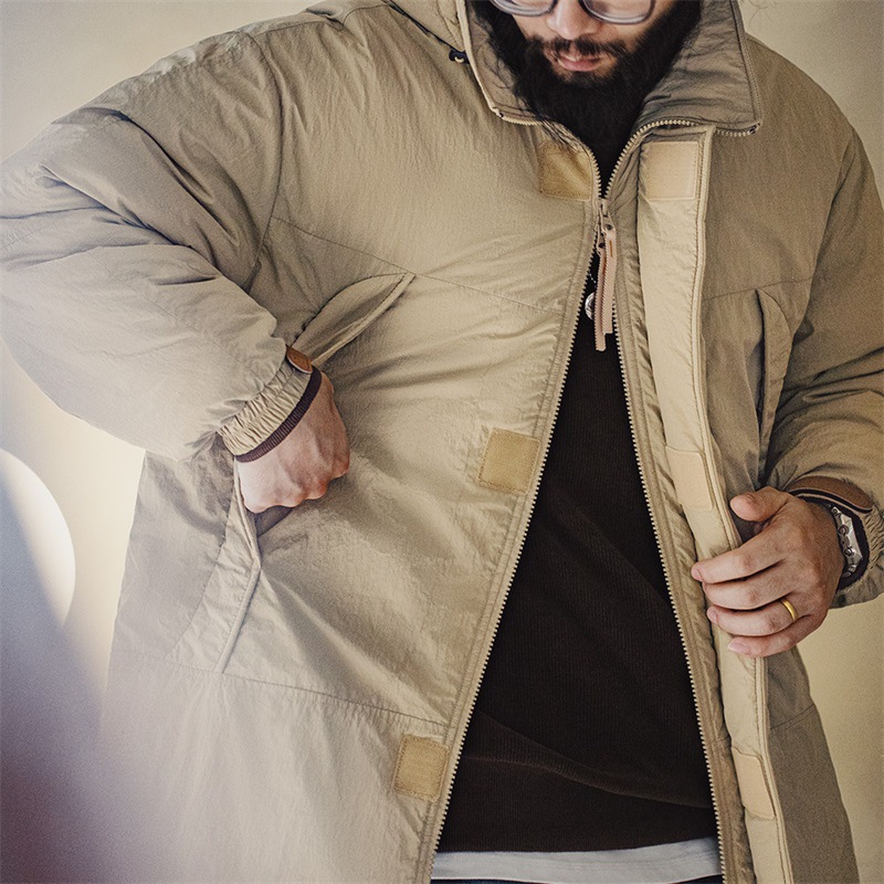 Maden Retro PCU Texture Stand Collar Mid-Length Hooded Cotton Jacket