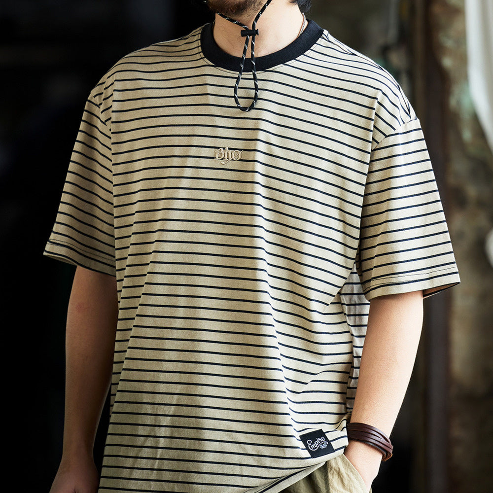 American classic retro striped embroidered men's loose T-shirt