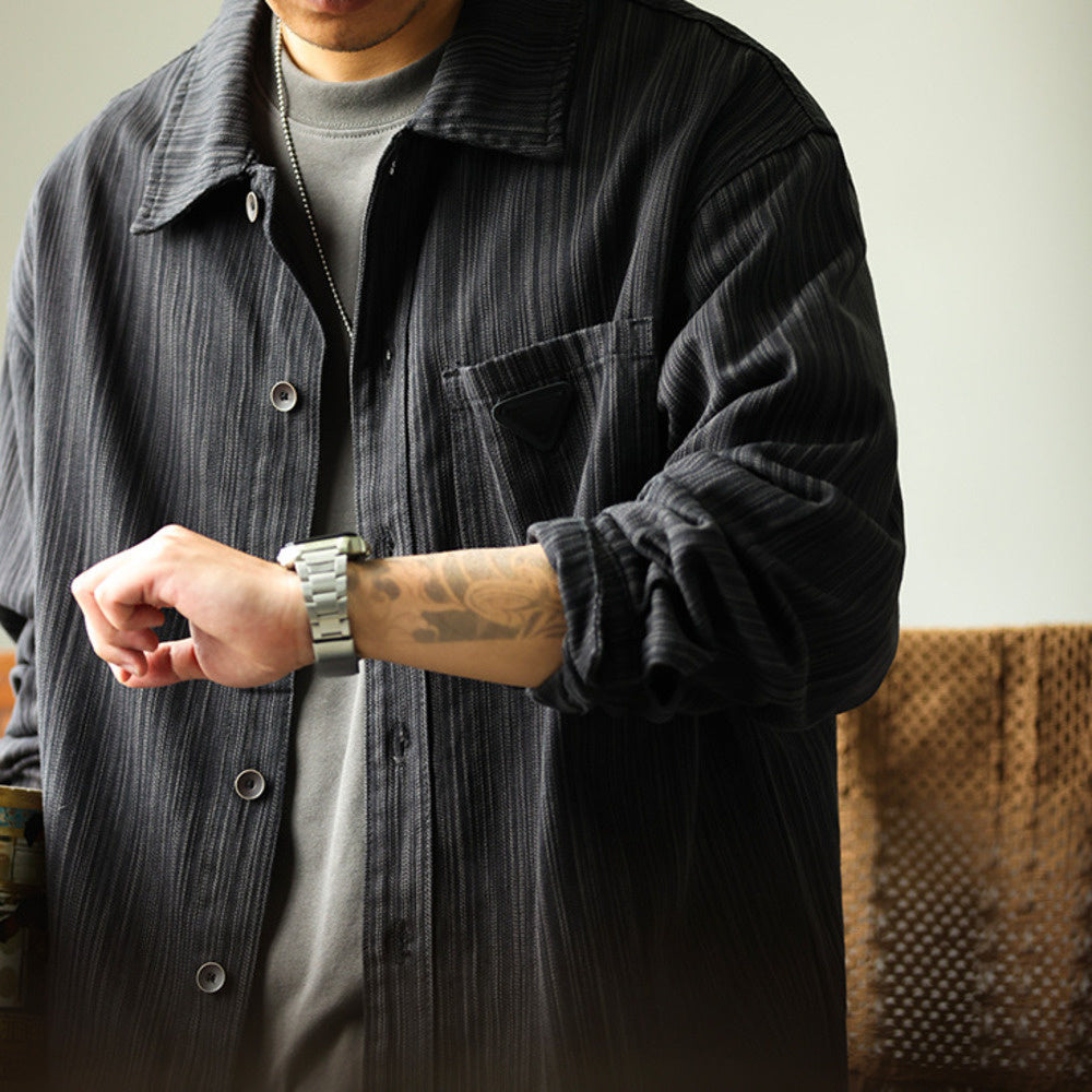 Retro heavyweight bamboo striped shirt jacket with a high-end feel, loose and casual long sleeved shirt